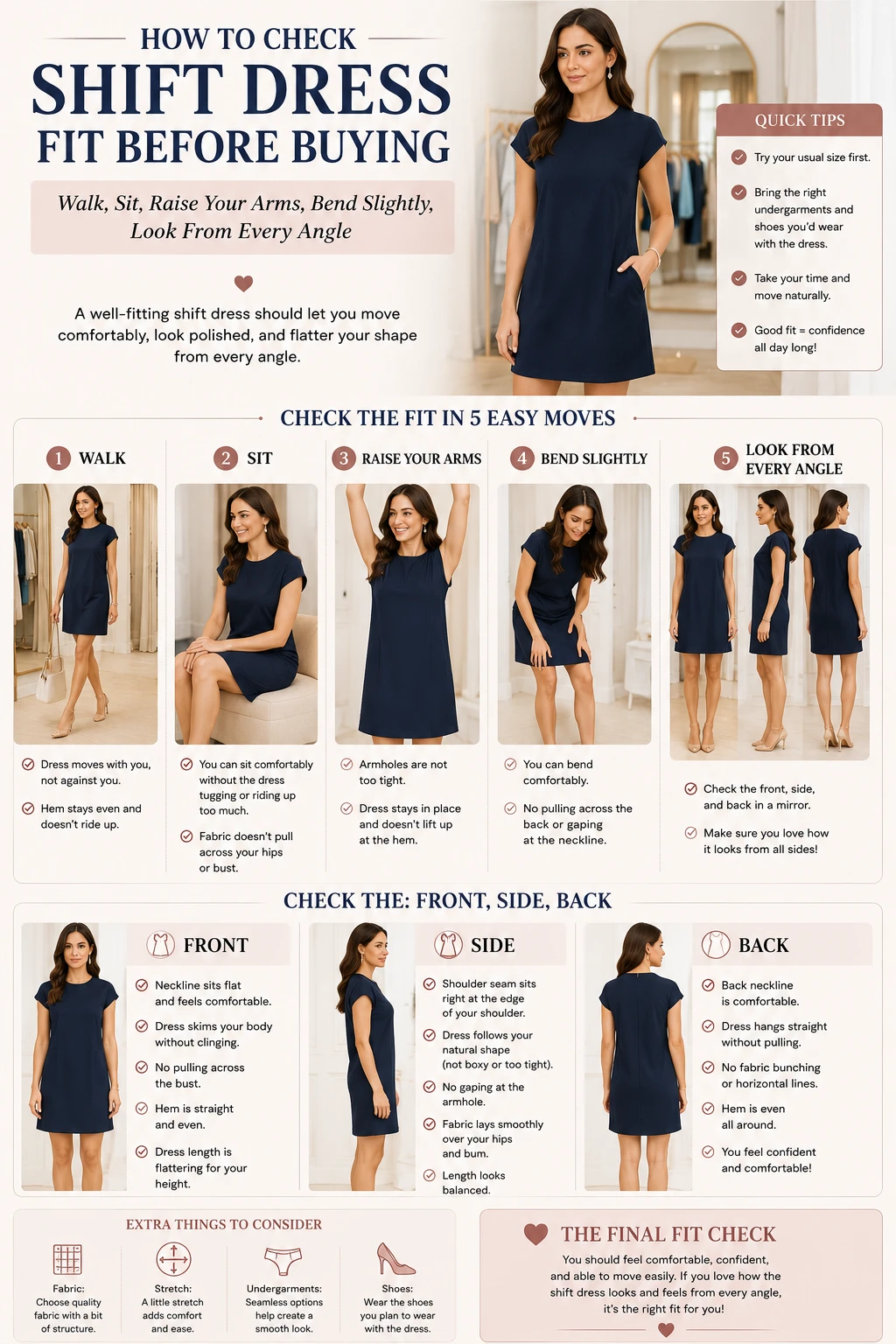 How to Check Shift Dress Fit Before Buying Walk Sit Raise Your Arms Bend Slightly Look From Every Angle Check the Front Side Back