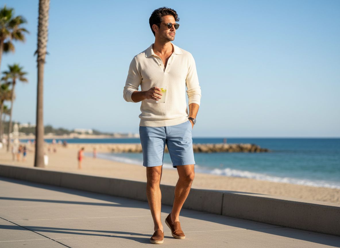 Open Collar Knit Polo Wear With Shorts for Warm Weather Fashions men