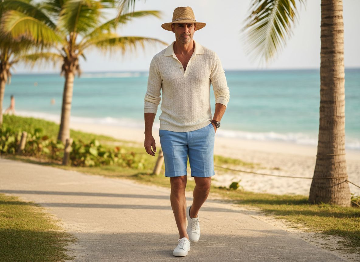 Open Collar Knit Polo Wear With Shorts for Warm Weather