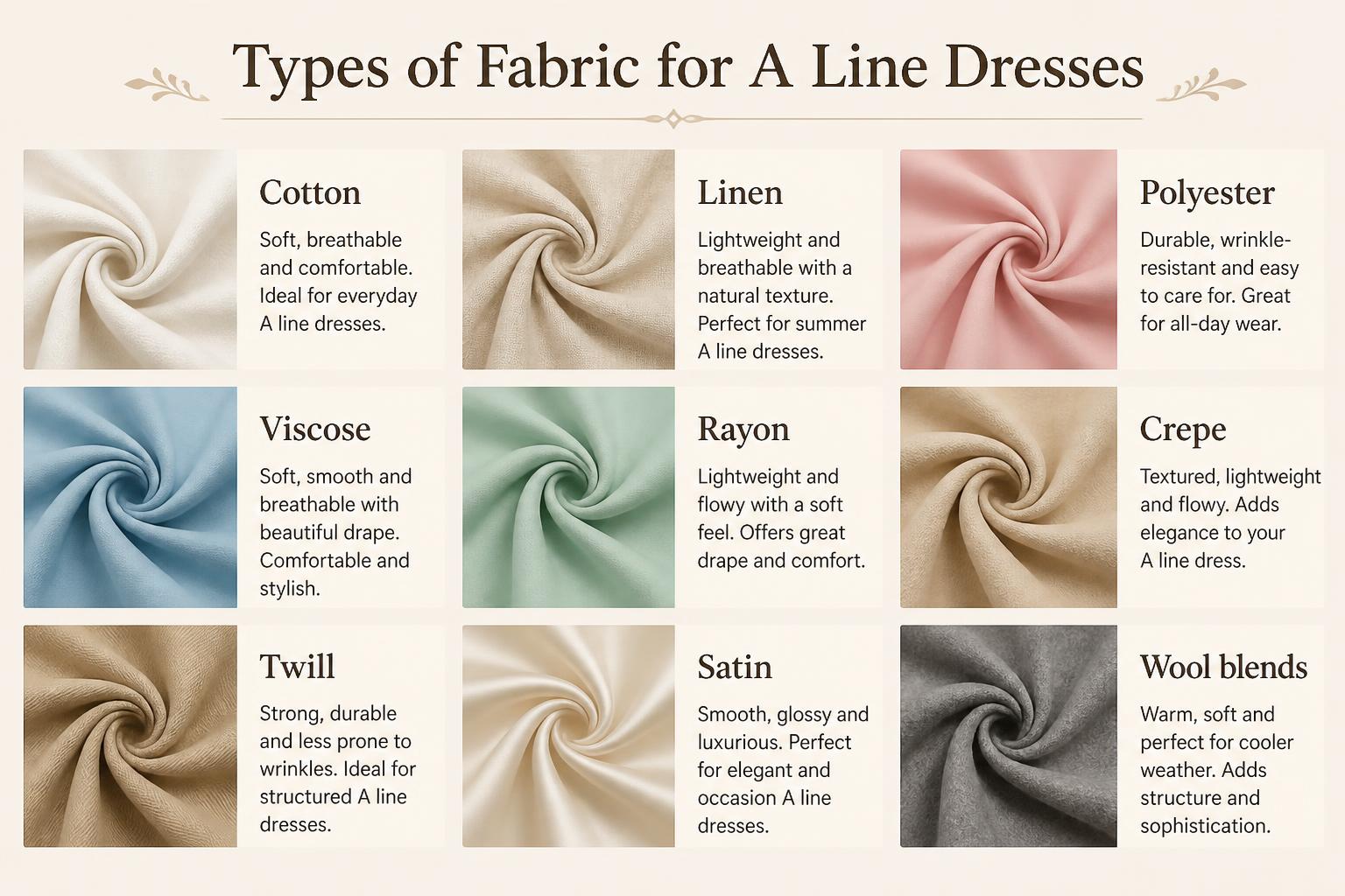 Types of Fabric for A Line Dresses Cotton Linen Polyester Viscose Rayon Crepe Twill Satin Wool blends