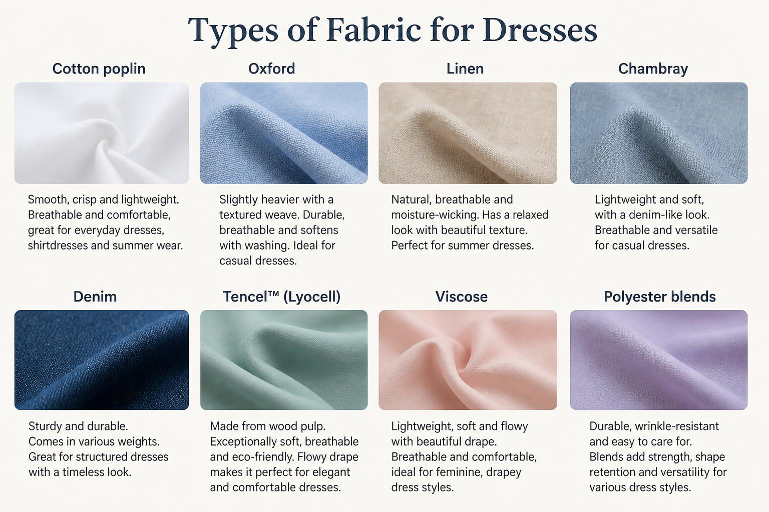 Types of Fabric for Dresses Cotton poplin Oxford Linen Chambray Denim Tencel type lyocell fabrics Viscose Polyester blends