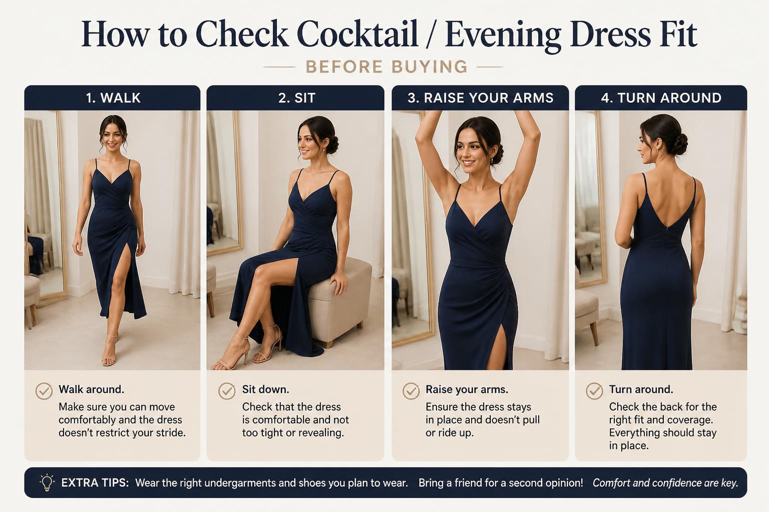 How to Check Cocktail Evening Dress Fit Before BuyingWalk Sit Raise Your Arms Turn Around