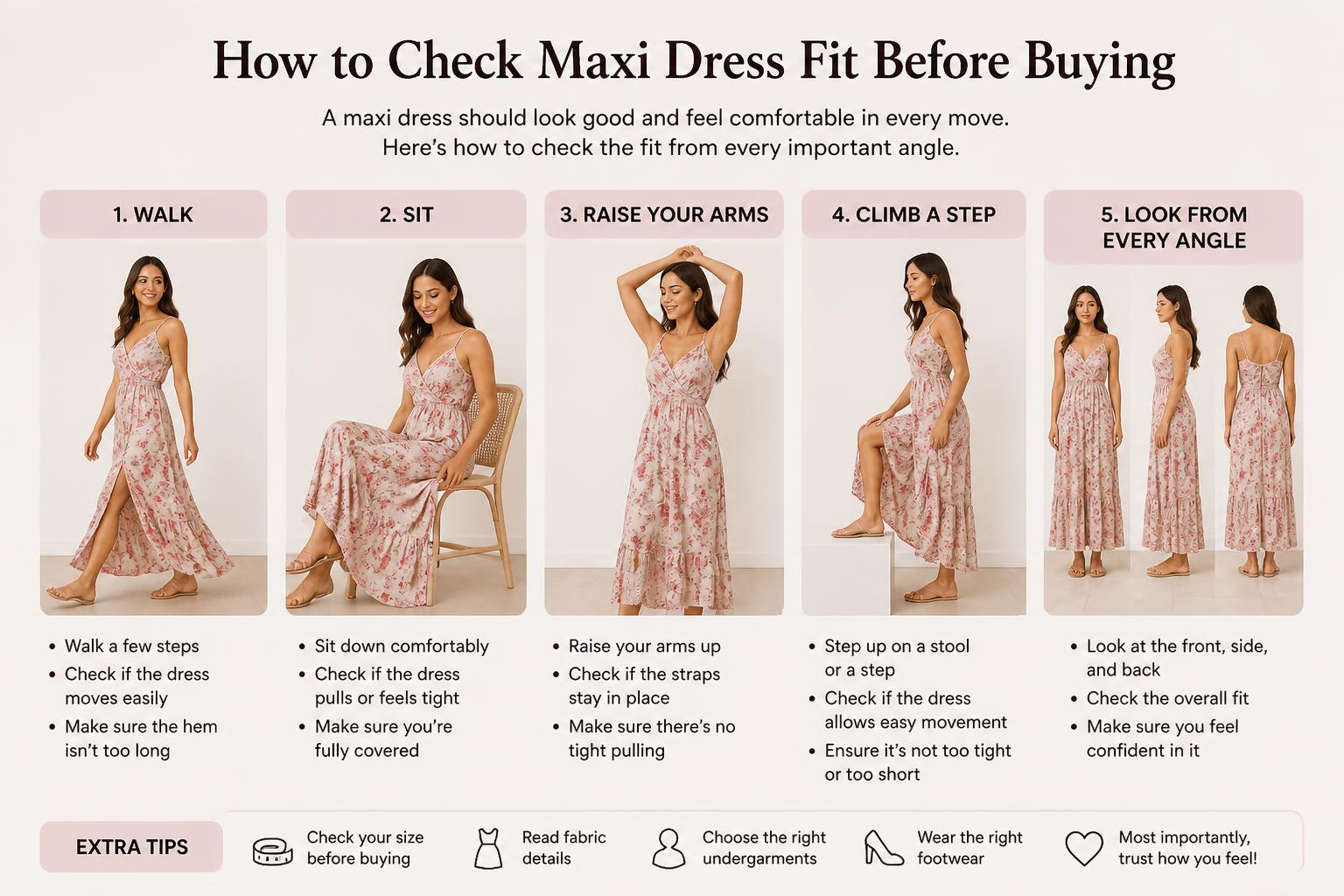 How to Check Maxi Dress Fit Before Buying Walk Sit Raise Your Arms Climb a Step Look From Every Angle 2