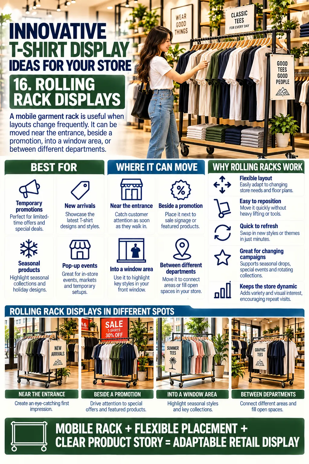 Innovative T Shirt Display Ideas for Your Store16. Rolling Rack Displays