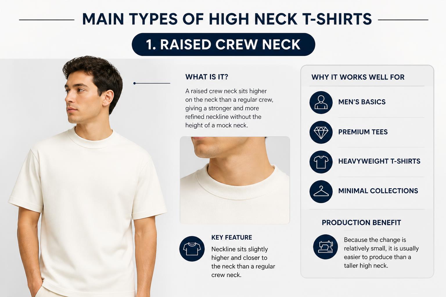 Main Types of High Neck T Shirts Raised Crew Neck