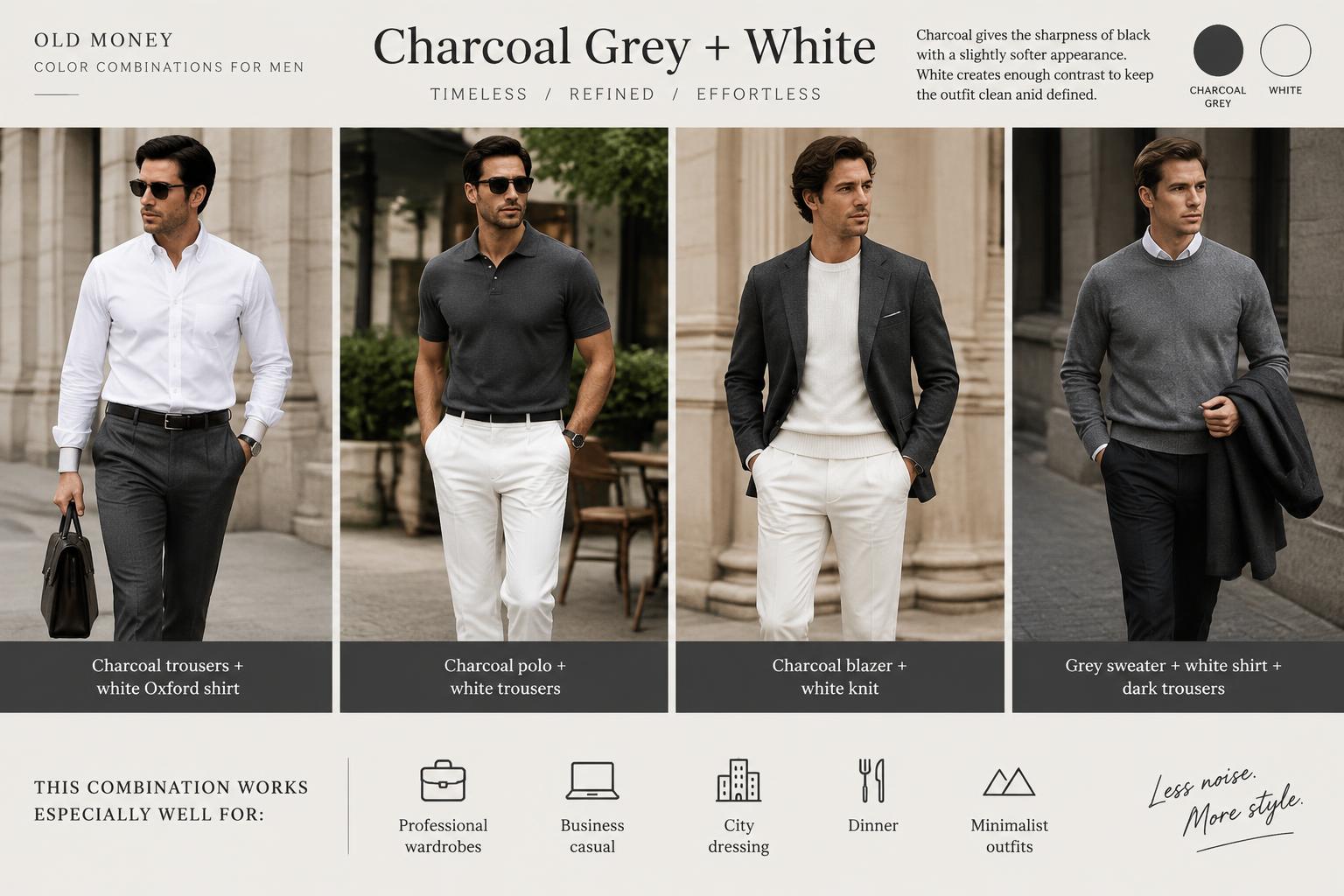 Old Money Color Combinations for Men Charcoal Grey White