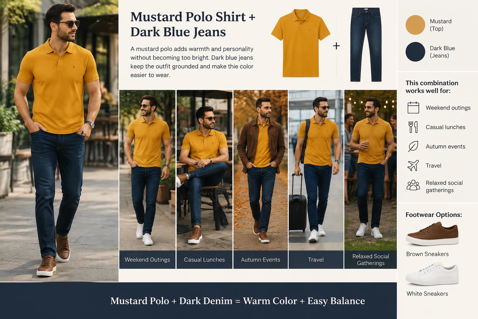 Polo T shirt and Jeans Combos Mustard Polo Shirt with Dark Blue Jeans