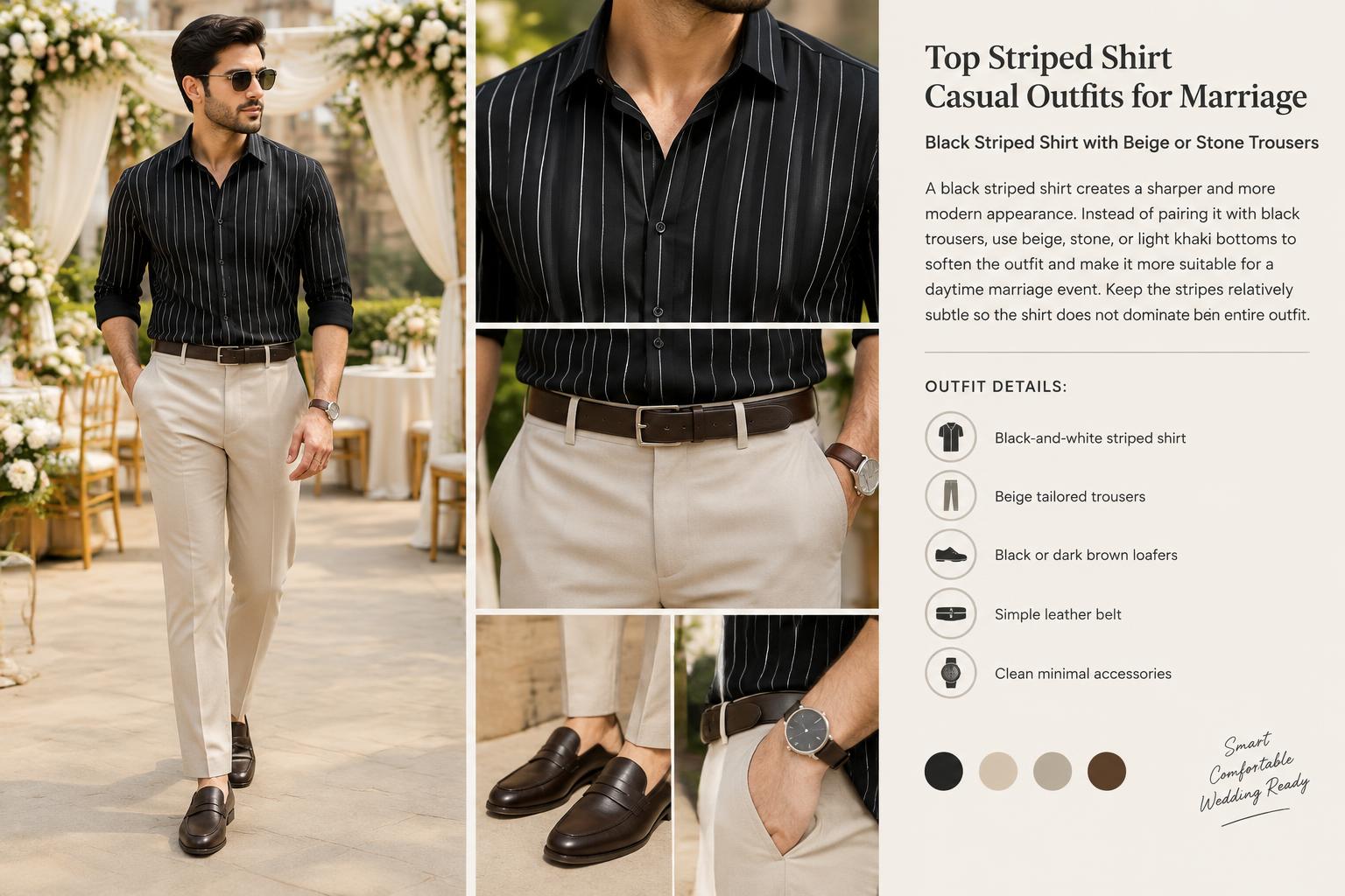 Top Striped Shirt Casual Outfits for Marriage Black Striped Shirt with Beige or Stone Trousers