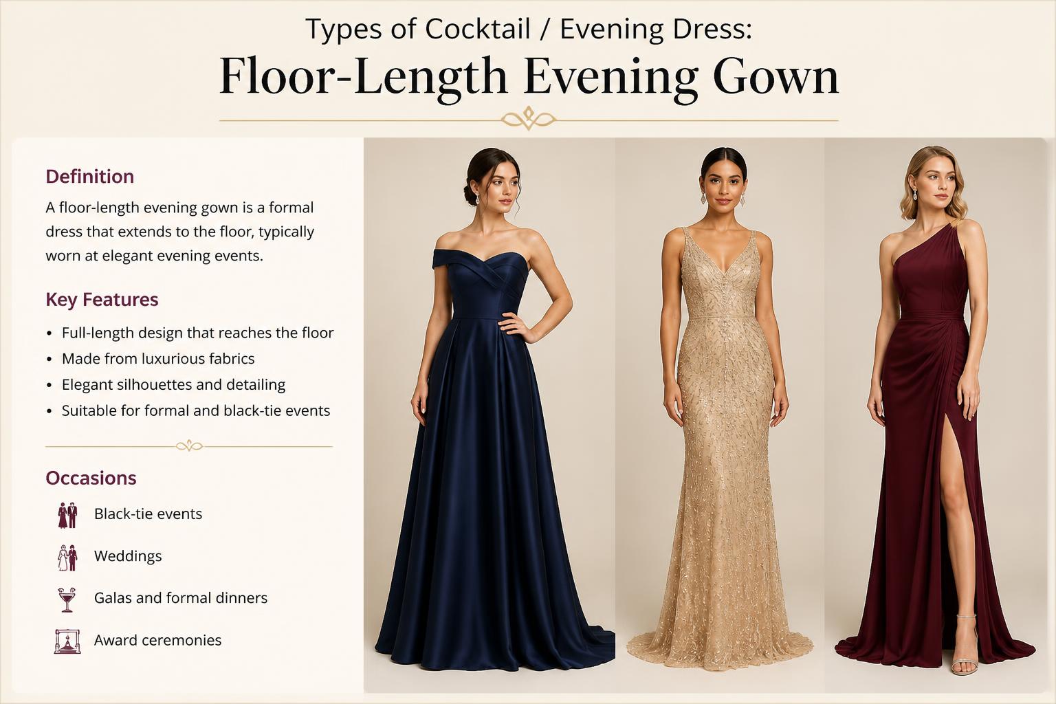Types of Cocktail Evening Dress Floor Length Evening Gown