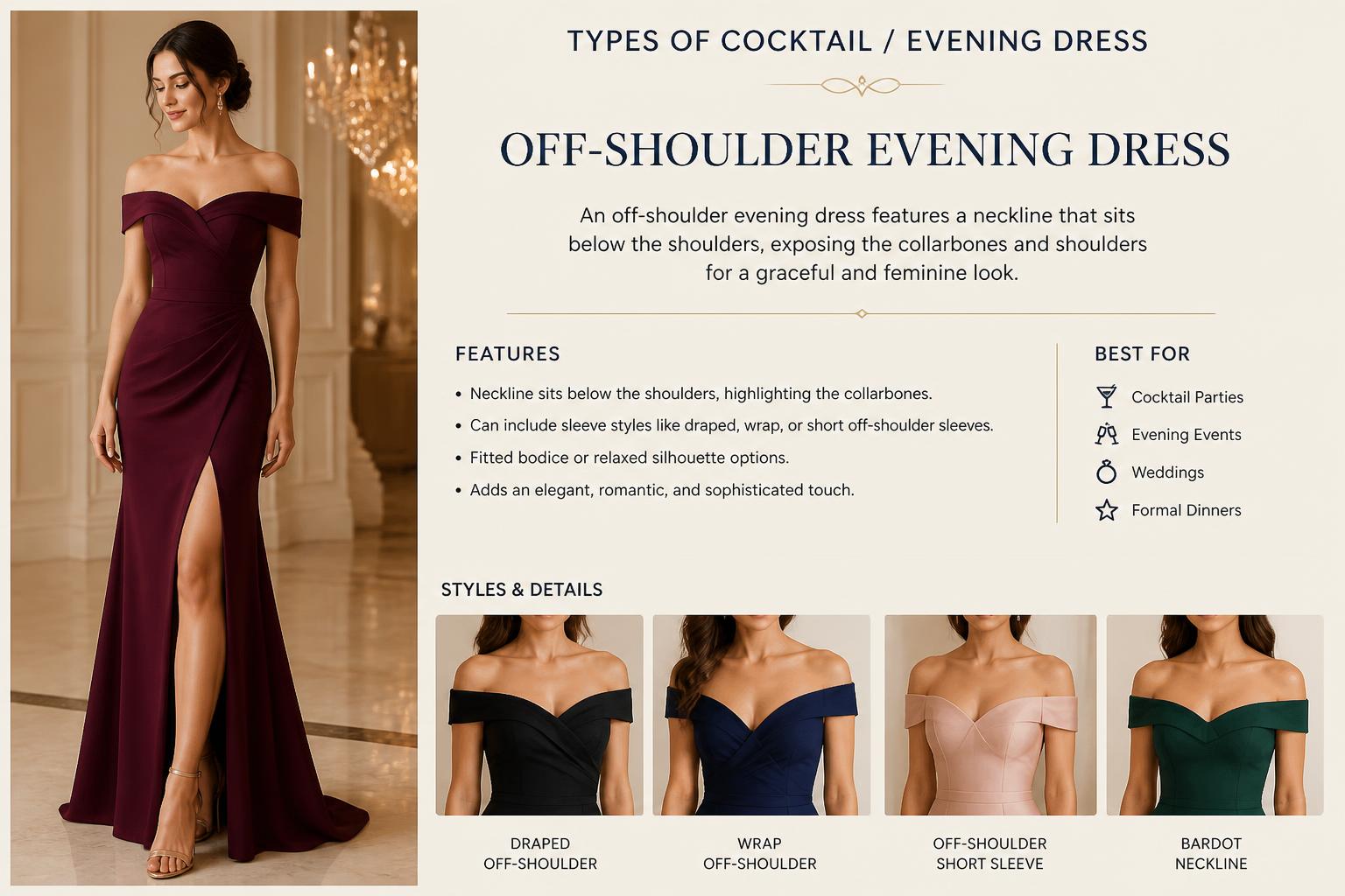Types of Cocktail Evening Dress Off Shoulder Evening Dress