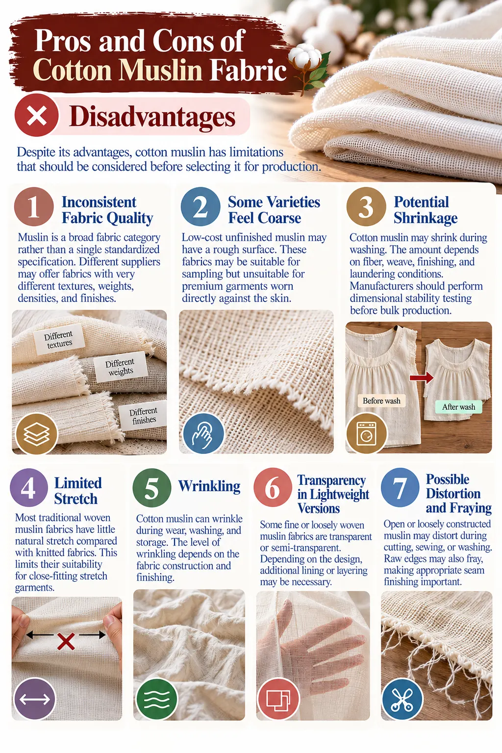 Cotton Muslin Fabric Disadvantages infographic