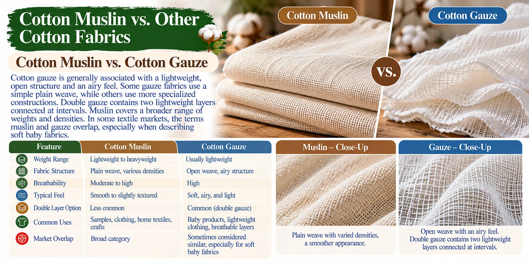 Cotton Muslin vs. Cotton Gauze Infographic