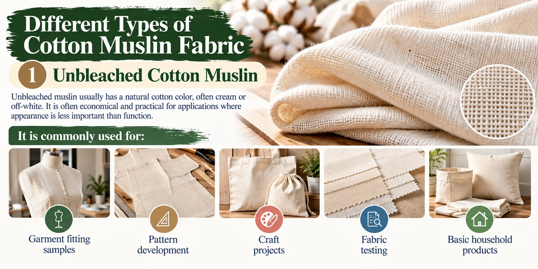 Different Types of Cotton Muslin Fabric 1. Unbleached Cotton Muslin