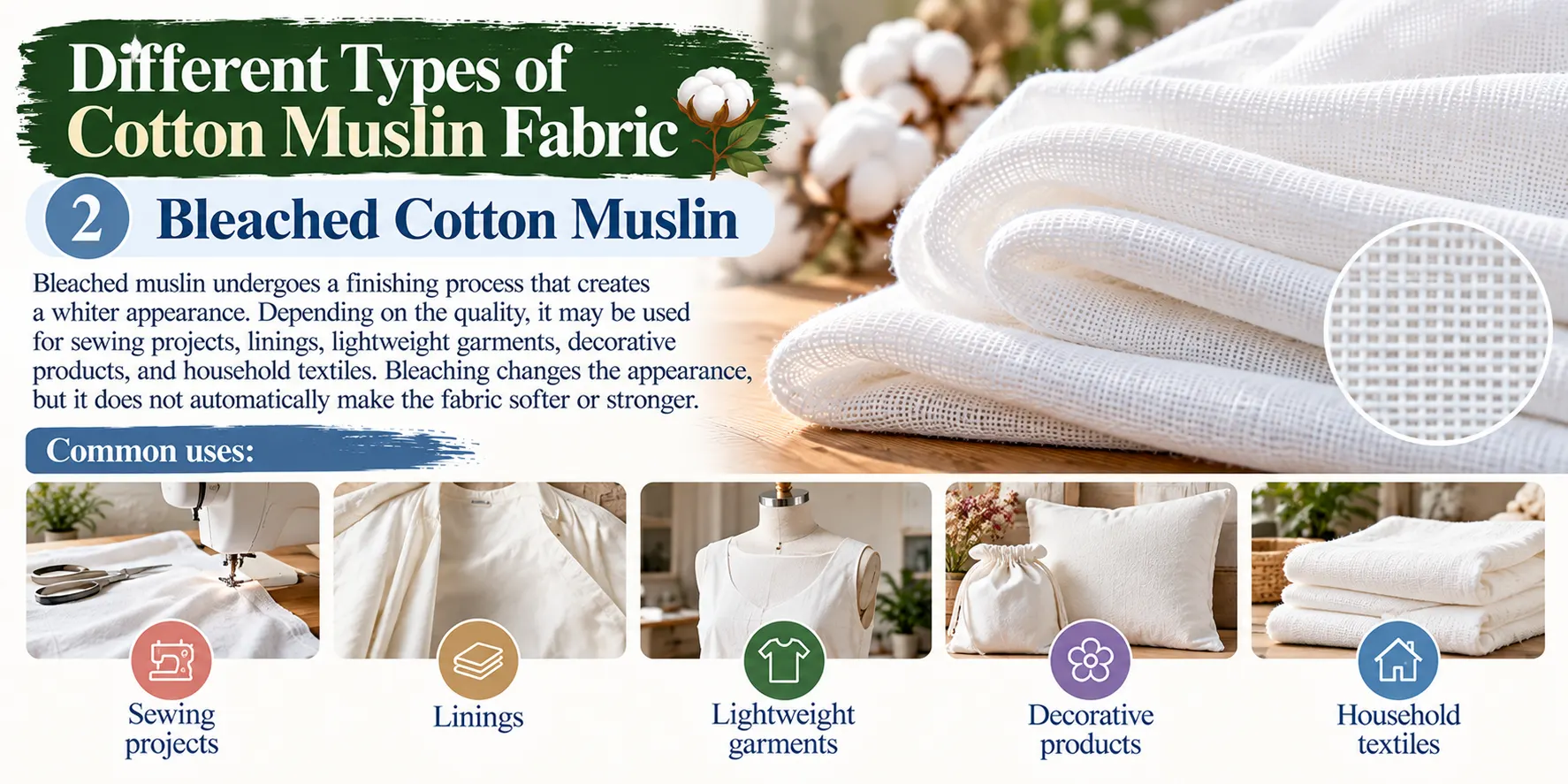 Different Types of Cotton Muslin Fabric 2. Bleached Cotton Muslin
