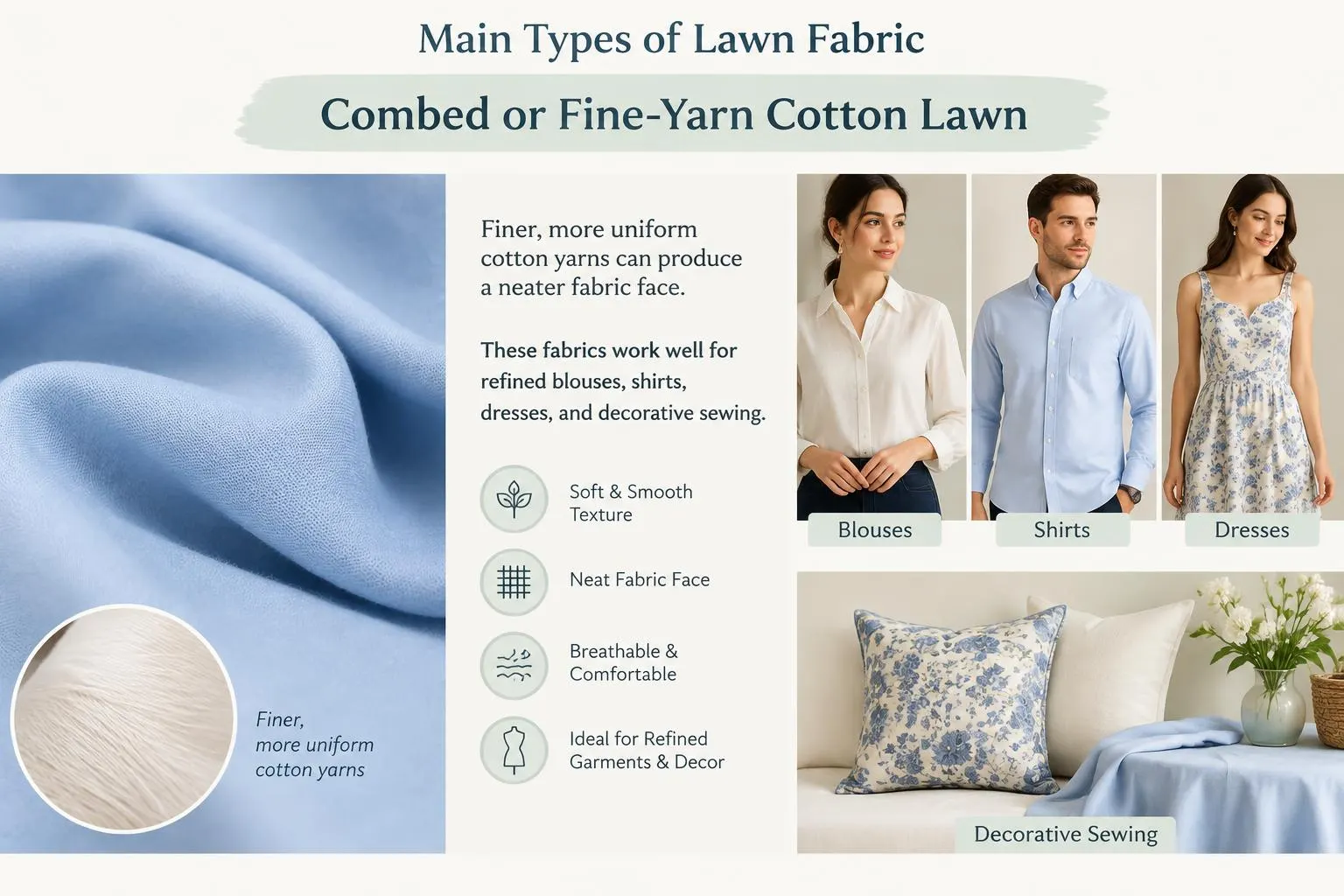 Main Types of Lawn Fabric Combed or Fine Yarn Cotton Lawn