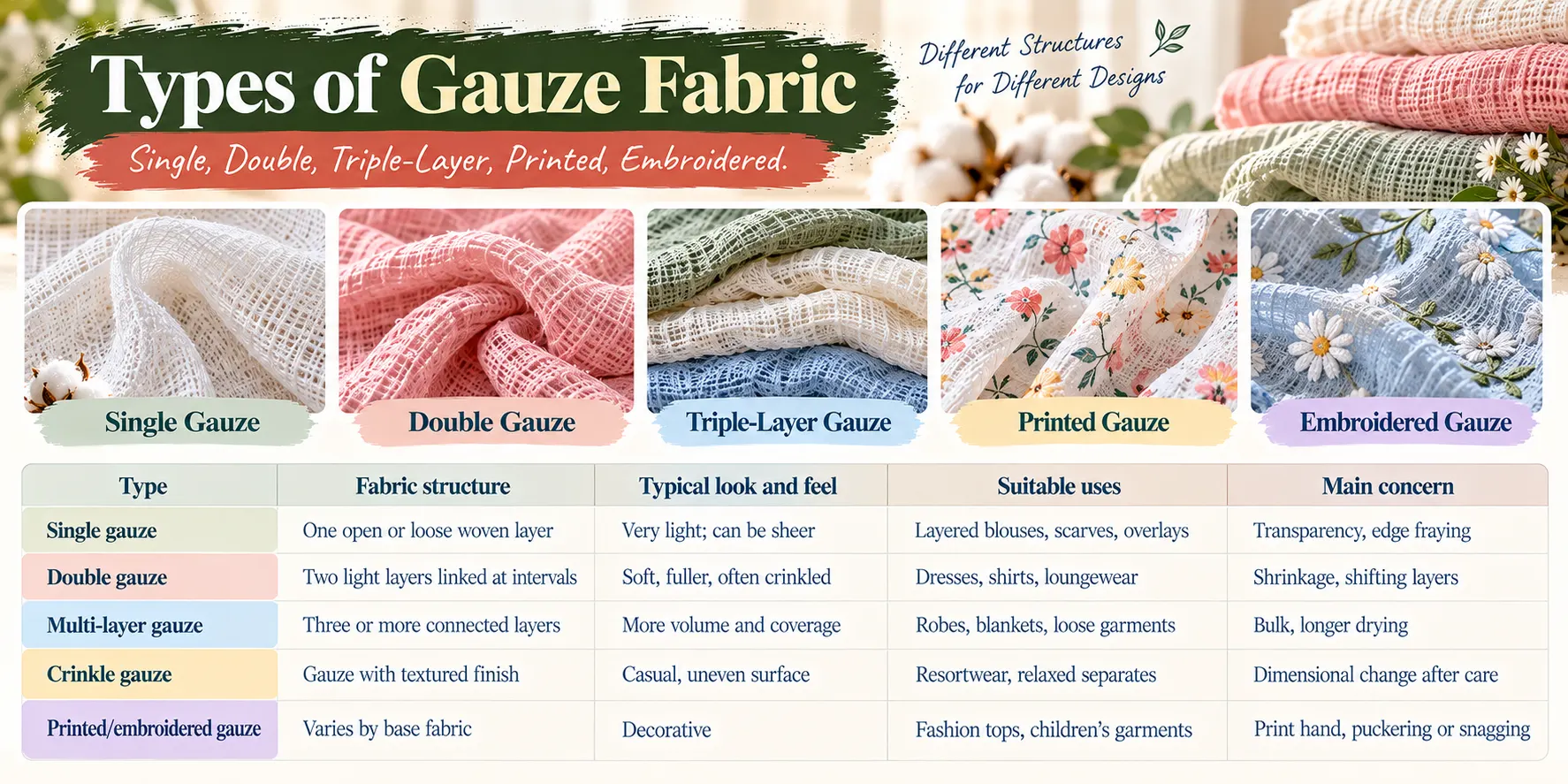 Types of Gauze Fabric Single Double Triple Layer Printed Embroidered