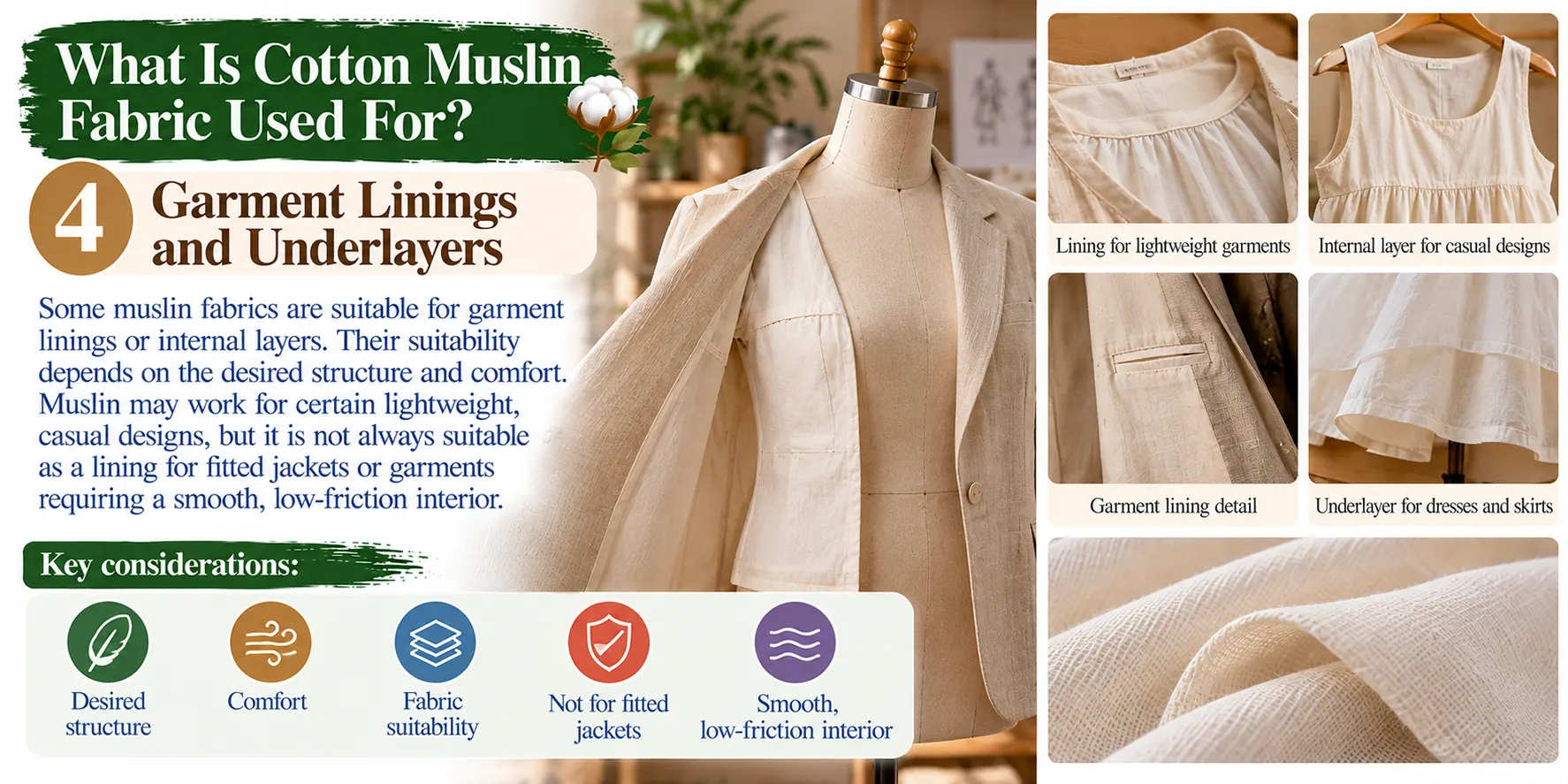 What Is Cotton Muslin Fabric Used For 4. Garment Linings and Underlayers