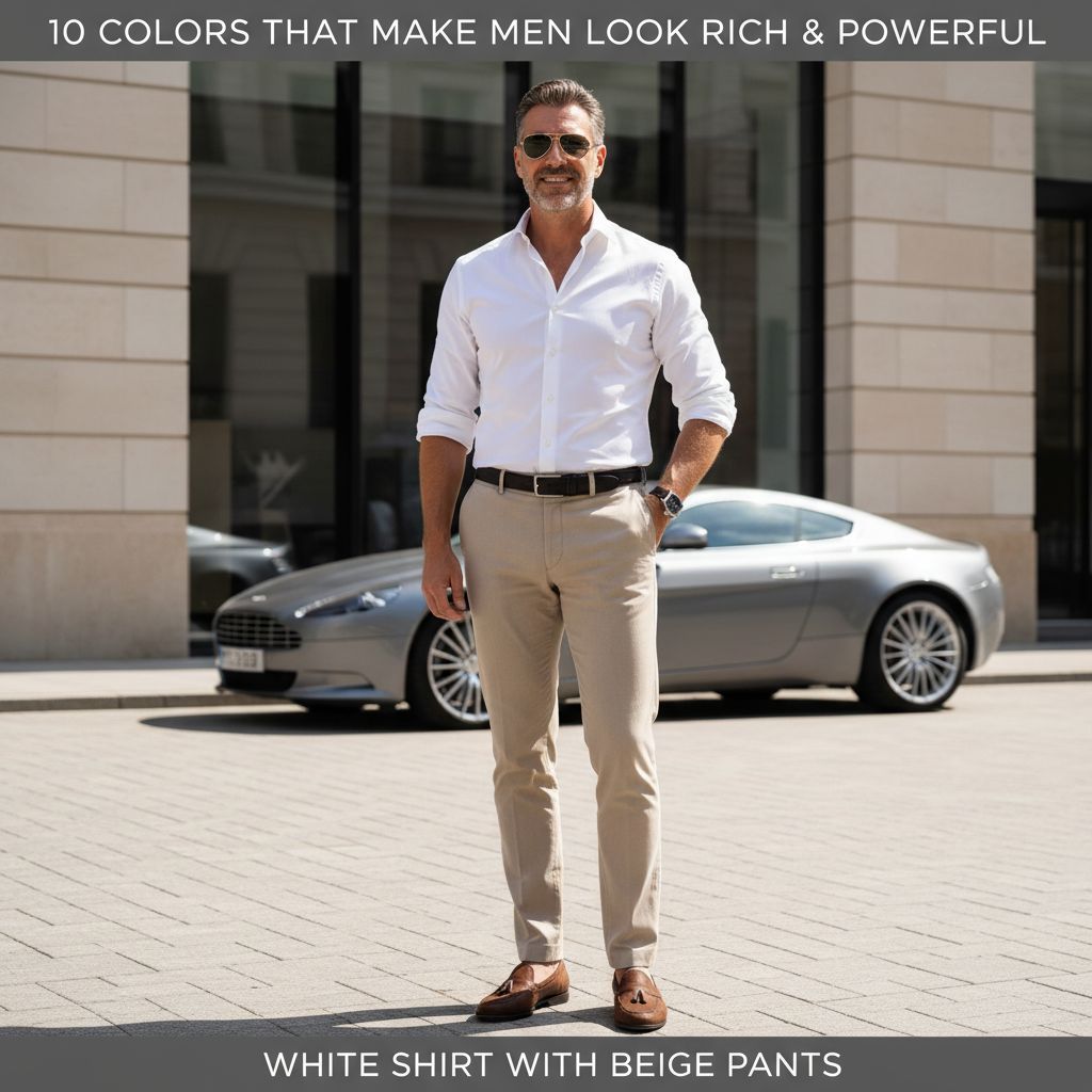 10 Colors That Make Men Look Rich Powerful White Shirt with Beige Pants 2