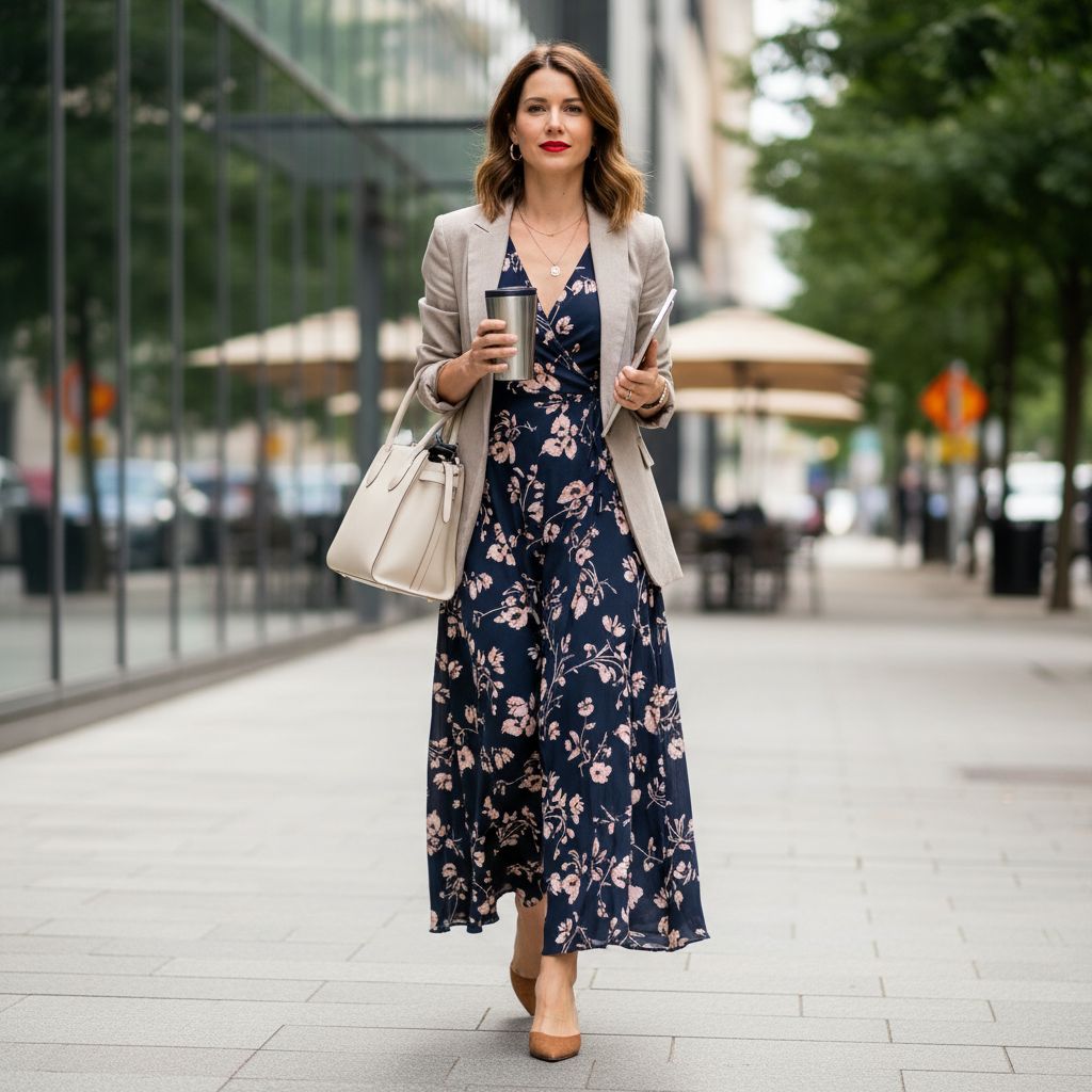 Stylish Casual Outfits for the Modern Business Woman Elegant Maxi Dress with a Light Jacket 1