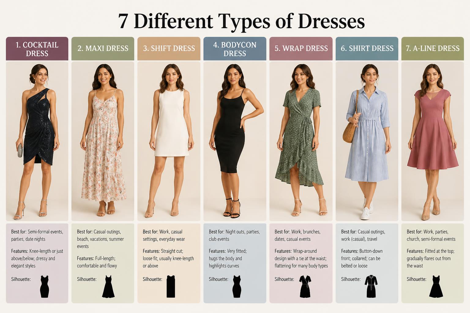Comparison of 7 Different Types of Dresses Cocktail Maxi Dress Shift Dress Bodycon Dress Wrap Dress Shirt Dress A Line Dress